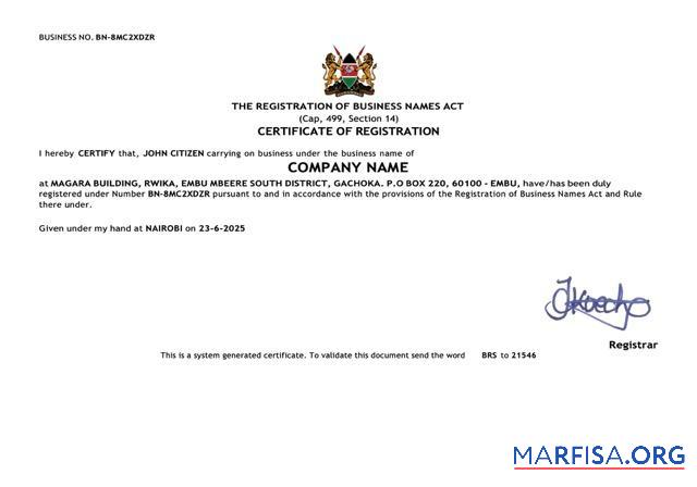 Downloadable Kenya certificate of registration Word and PDF template